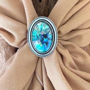 以下が含まれることがあります： 楕円形のシルバーカラーのブローチ。中心にはカラフルなアワビの貝殻が配置され、ベージュ色の布地を背景にしています。ブローチはロープのような縁取りが施されています。アワビの貝殻は青、緑、紫の色合いを示しています。