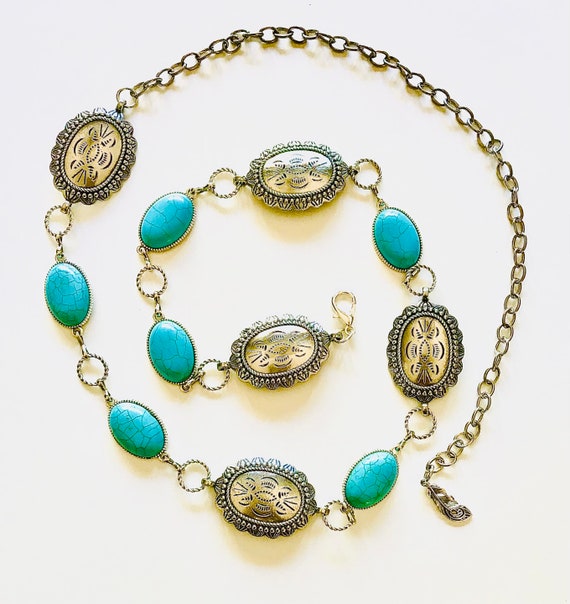 Concho Chain Belt | Man Made Turquoise Conchos | Vintage  display picture 1