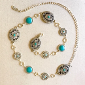Silver Western Concho link chain belt  | Manmade turquoise  Metal Belt | Vintage  | Cowgirl chain beltGreat NFR accessory!