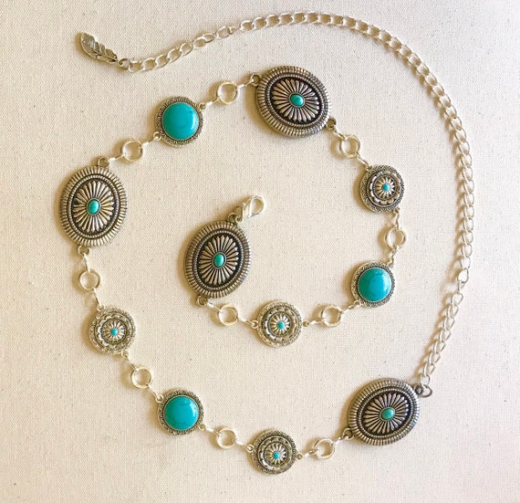 Vintage Silver Concho Belt: Turquoise Western Cowgirl Chain  display picture 1