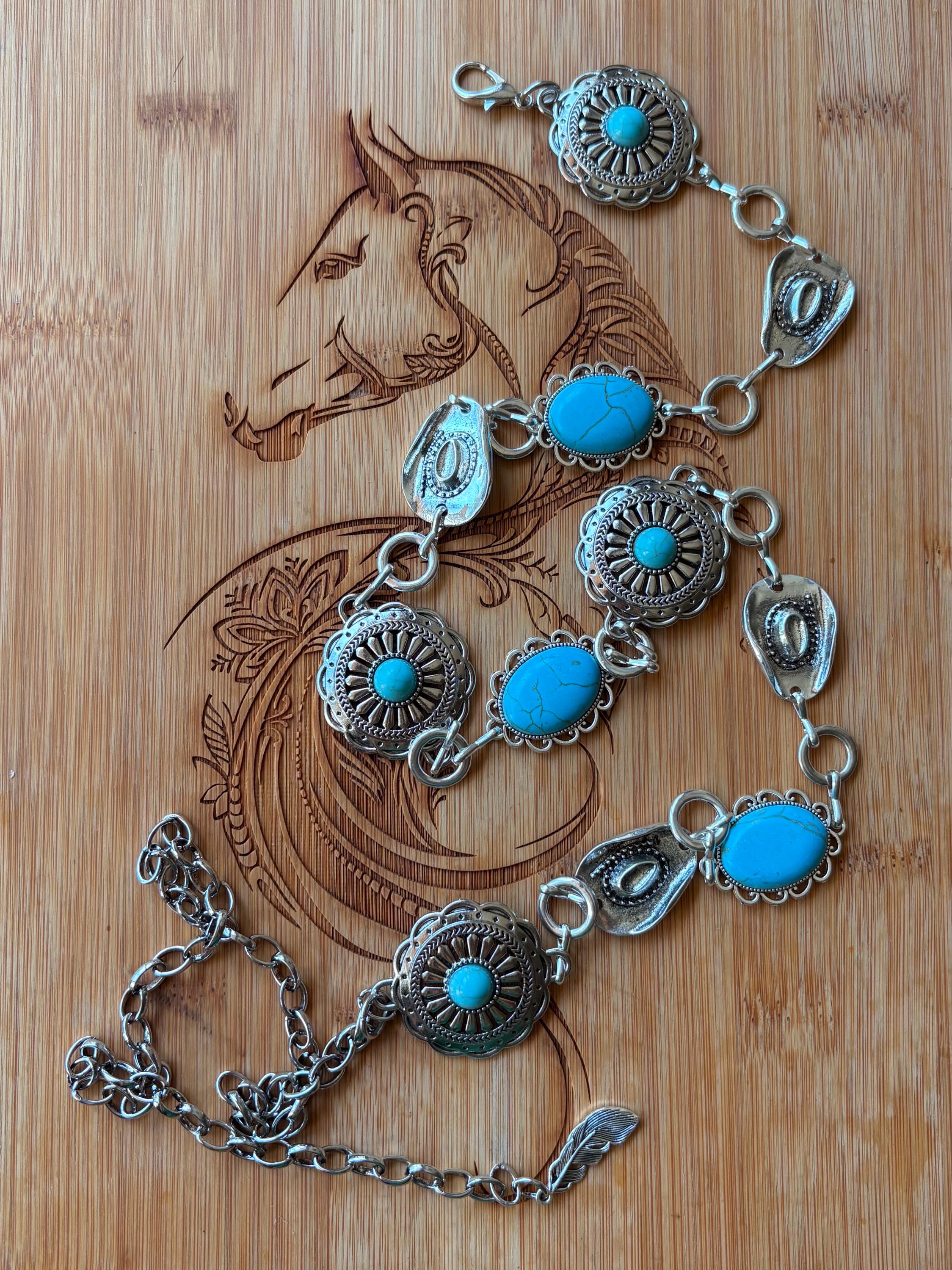4331 Boho Turquoise Concho Belt Western Bling Rhinestone Chain Cowgirl Western Silver Chain Belt: Cowboy Hat Conchos, Faux  main image 4