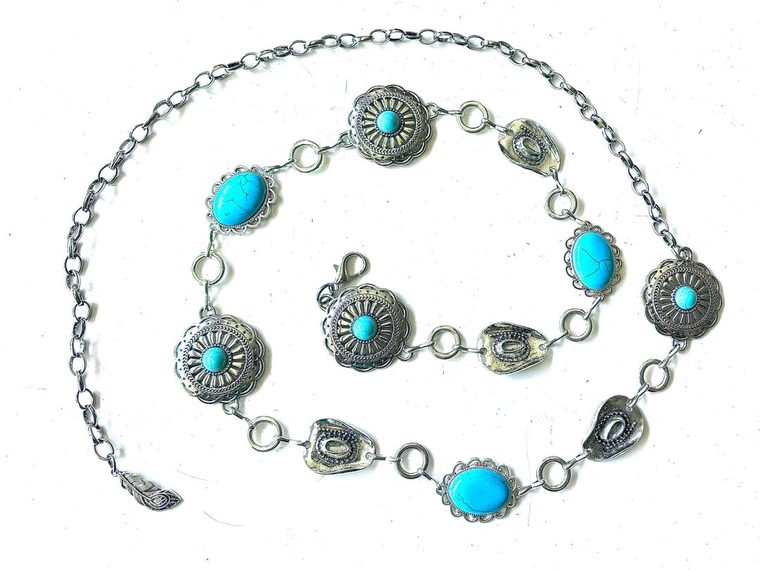Western Silver Chain Belt: Cowboy Hat Conchos, Faux  display picture 2