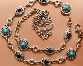 Vintage Concho Chain Belt: Western Cowgirl-stil, turkos och svart sten