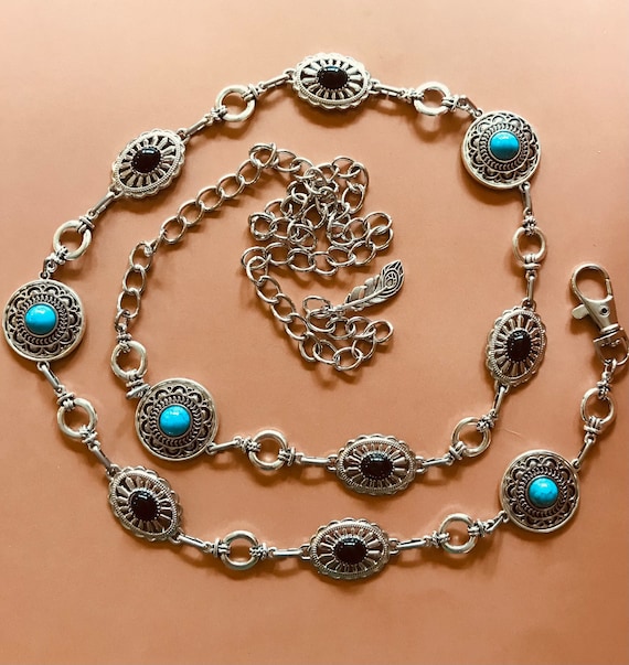 Cowgirl Belt Turquoise Concho Belt, Boho Western Belt, Vintage Style Oval New Oval Turquoise Concho Belt – Women main image 4