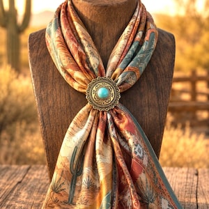 May include: A silk scarf featuring a desert landscape print with cacti in shades of orange, teal, and tan, secured by a round, antique-gold tone metal scarf slide with a central turquoise-colored cabochon and intricate embossed detailing.