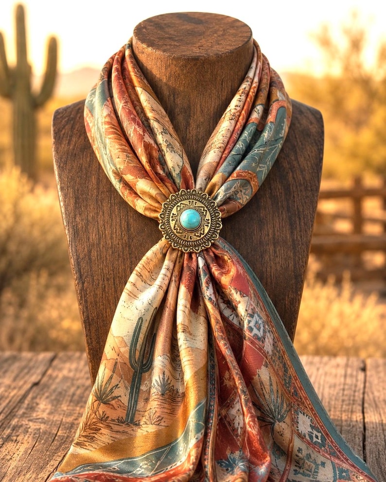 May include: A silk scarf featuring a desert landscape print with cacti in shades of orange, teal, and tan, secured by a round, antique-gold tone metal scarf slide with a central turquoise-colored cabochon and intricate embossed detailing.