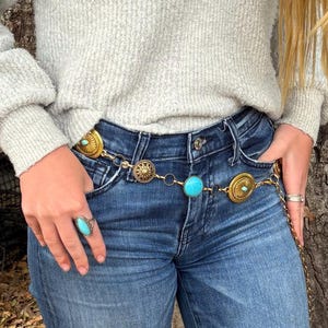 シルバーコンチョベルト：ターコイズウエスタンチェーンベルト、サイズ