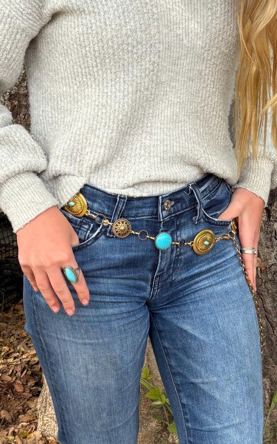 Western Metal Boho Concho Belt For Women Cowgirl Chain Belts For Dresses Jeans Country Concert Outfit