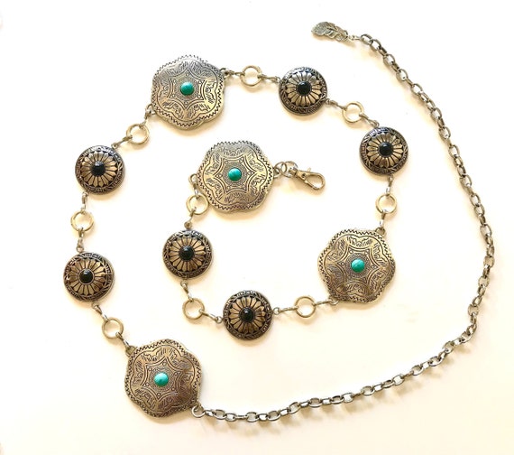 Silver Concho Chain Belt: Faux Turquoise Western Cowgirl  display picture 1