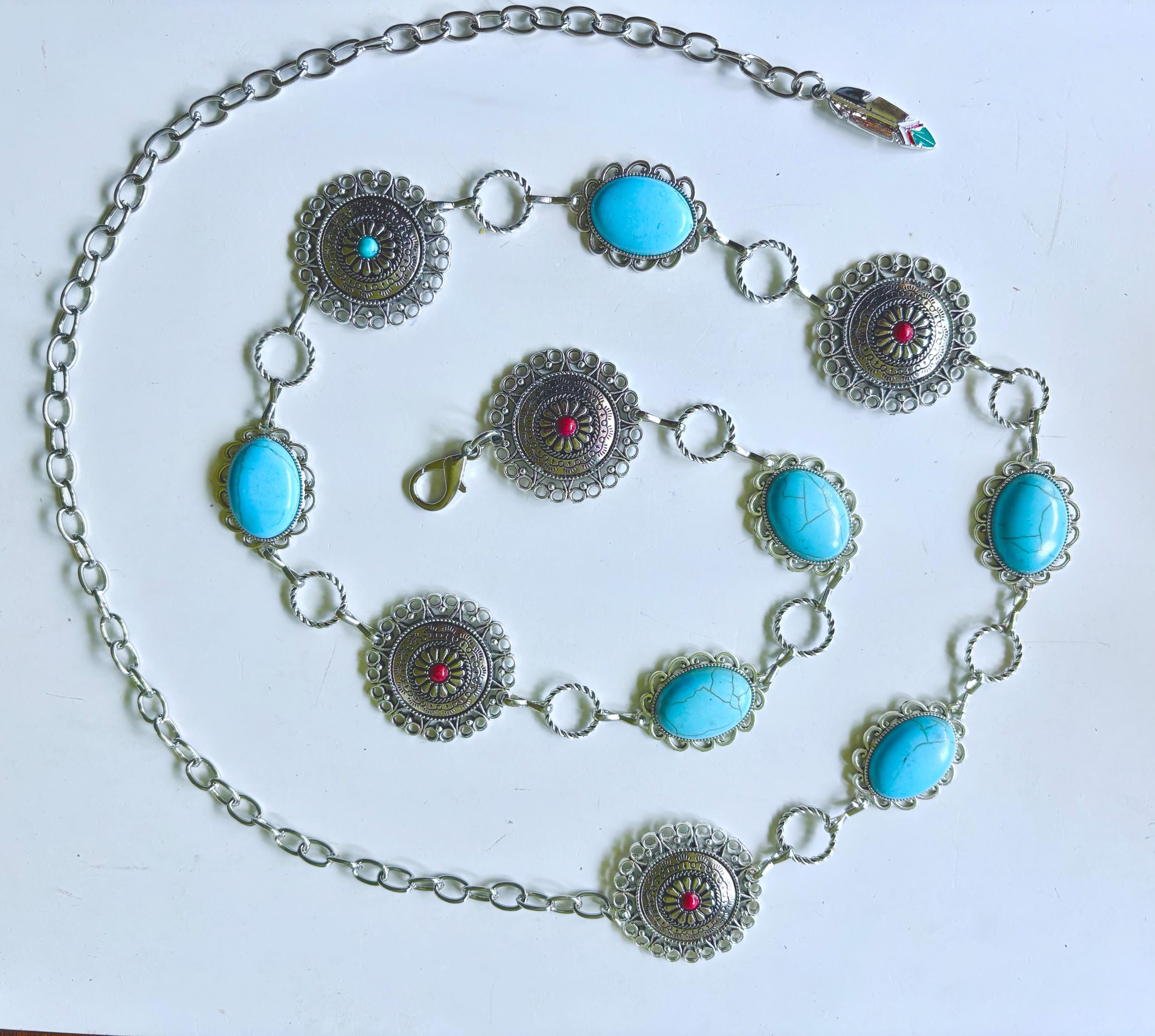 Turquoise Agate Stone Concho Belt: Boho Western Silver Chain  display picture 3
