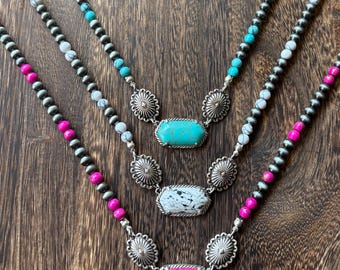 Western pearls necklace ~Navajo pearl ~colored bar necklace ~ white buffalo ~ pink ~ turquoise