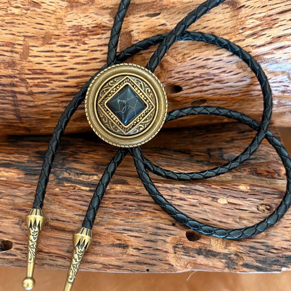 Corbata de bolo para boda: tono bronce con piedra /Collar de cuero estilo vaquero/vaquera