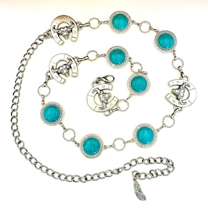 Concho belt| | Silver chain belt for women | cowhead horseshoe | Western Chain Belt Cowgirl | man made turquoiseGreat NFR accessory!