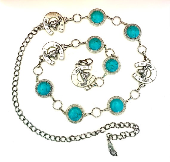 Bull turquoise silver belt KorhLeoh Vintage Turquoise-Buckle-Engraved-Cowgirl-Belts  main image 4