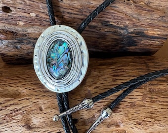Western Bolo Tie: abalone shell -Cowboy/Cowgirl leather Necklace