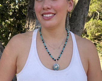 Western beaded necklace | black beads turquoise howlite | desert mustang horse