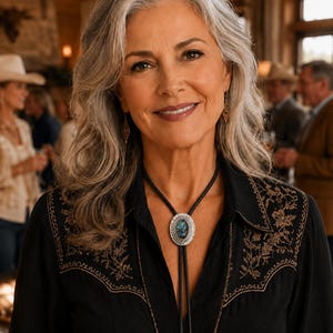 May include: A black long-sleeved shirt featuring intricate gold-toned embroidery on the chest and shoulders, paired with a bolo tie that has a central oval-shaped blue and silver stone pendant and silver metal tips on the black braided cord.