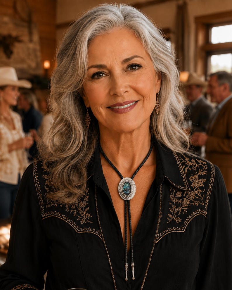 May include: A black long-sleeved shirt featuring intricate gold-toned embroidery on the chest and shoulders, paired with a bolo tie that has a central oval-shaped blue and silver stone pendant and silver metal tips on the black braided cord.