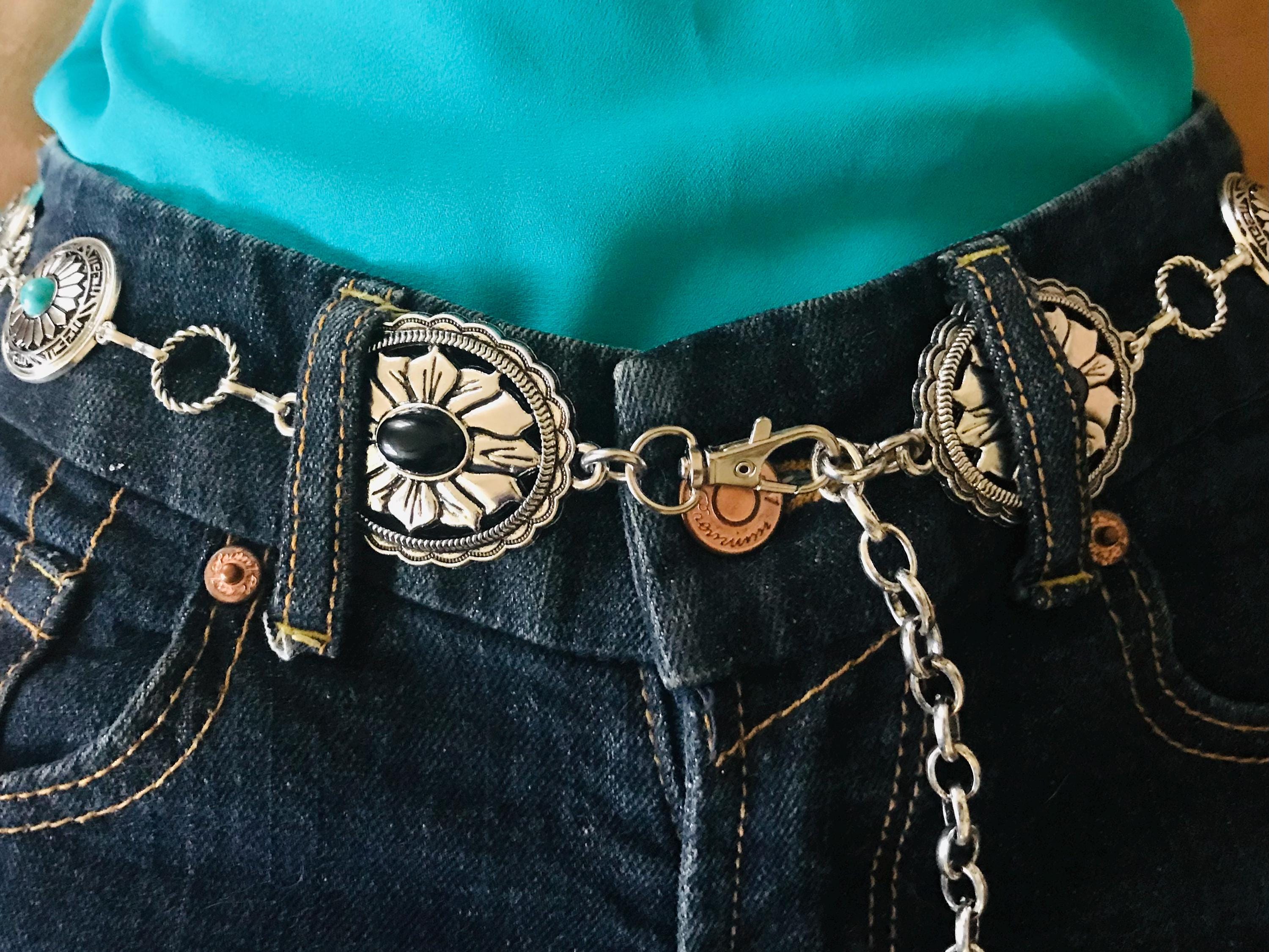 Turquoise Silver Sunflower Concho Chain Belt Boho Western Adjustable 44 Inch Silver Concho Chain Belt | Boho Turquoise, Western Cowgirl  main image 3