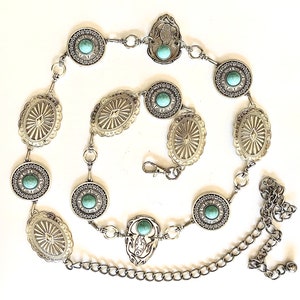 Silver Western Concho link chain belt | Boho turquoise  | Navajo | Cowgirl waist belt Great NFR accessory!