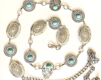 Western Silver Concho Chain Belt Faux Turquoise Southwestern Boho Adjustable Turquoise & Silver Chain Belt: Southwestern Floral Charm  main image 4