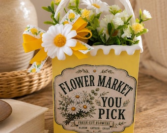 Lemon Daisy Flower Market Decor | Handmade Wooden Treat Bag | Summer Tiered Tray Decor | Farmhouse Shelf Sitter | Cottage core Lemon Decor