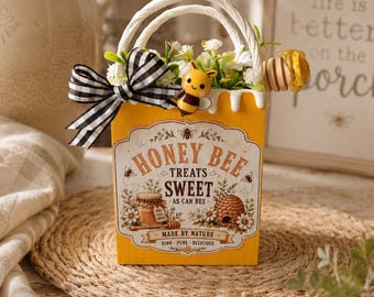 Honey Bee Treat Bag Decor | Farmhouse Bee Tiered Tray Decor | Sweet As Can Bee Wooden Gift Bag | Bee Lover Shelf Sitter | Summer