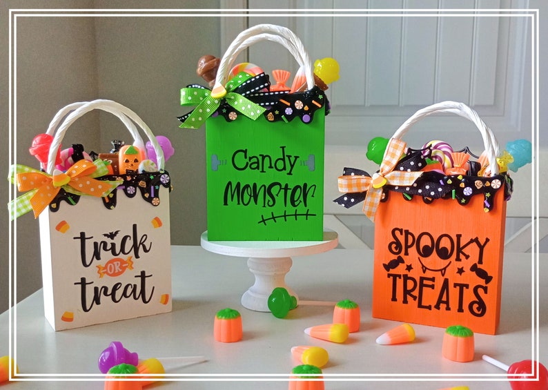 Halloween Wood Treat Bags Tiered Tray Decor Trick or Treat Shelf Sitter Home Decor Spooky Halloween Candy Halloween Decor Gift image 1