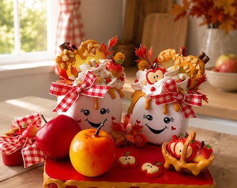 Fall Apple Charcuterie Board Decor | Caramel Apple Marshmallow Display | Handmade Autumn Kitchen Decor | Apple Cider Farmhouse Tiered Tray