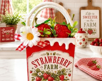 Strawberry Treat Bag Decor | Faux Strawberry Farm Gift Bag | Farmhouse Summer Kitchen Decor | Tiered Tray Decoration | Handmade