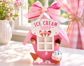 Ice Cream Shop Birdhouse Decor | Pink Tiered Tray Decor | Summer Ice Cream Cottage | Sweet Shop Shelf Sitter | Candy Kitchen Decor