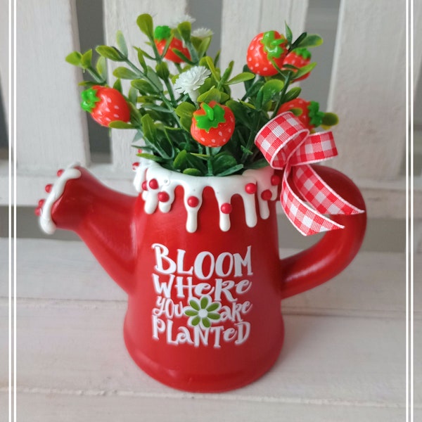 Strawberry | Watering Can | Tiered Tray Decor | Strawberry Farms | Berry Decor | Farmhouse Decor | Berries | Strawberry Shortcake | bloom