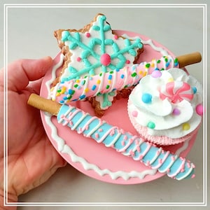 Pastel Christmas Dessert Plate: Faux Cupcake, Cookie & Pretzel Decor