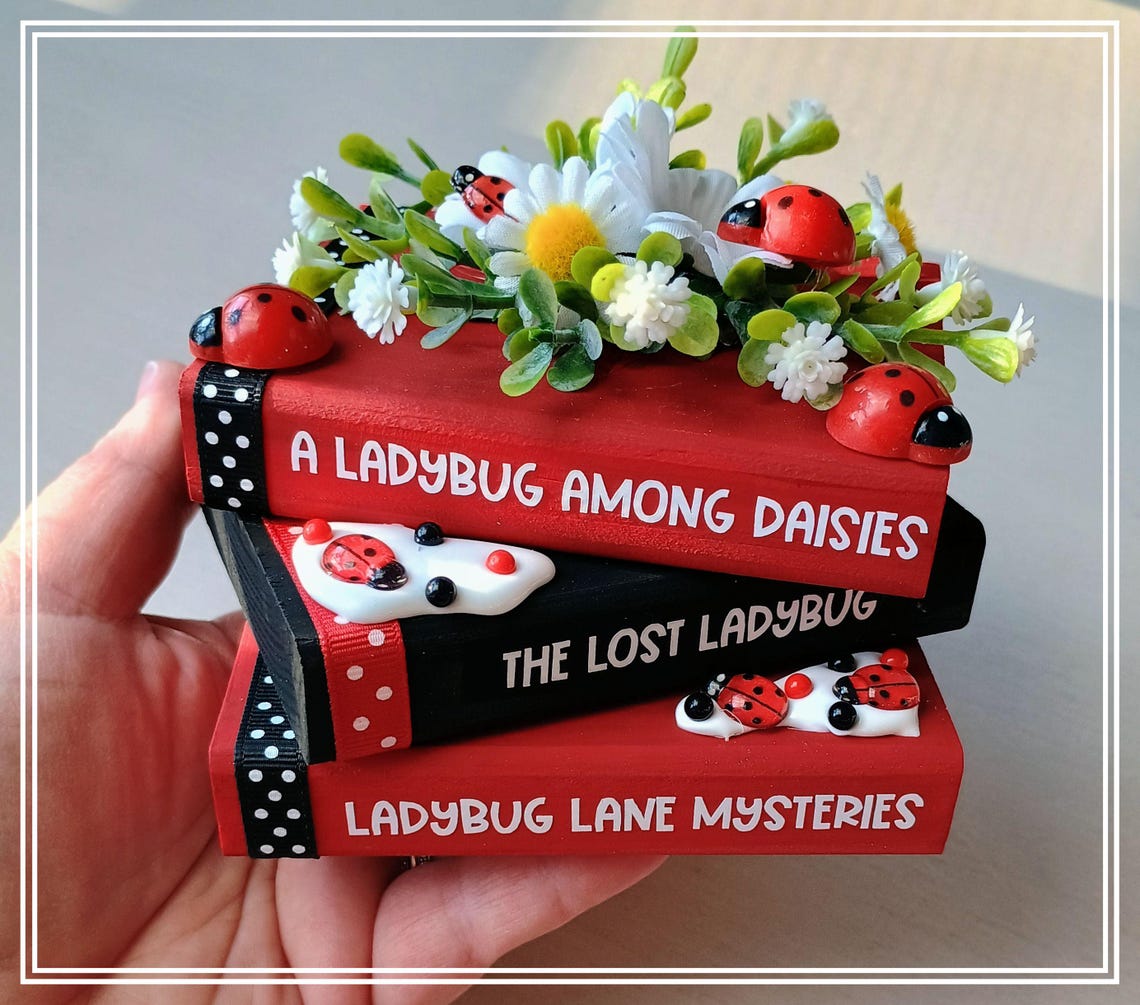 Ladybug Piles Ladybug & Daisy Book Stack Pile | Ladybug Decor| Home Decor | Tiered ...