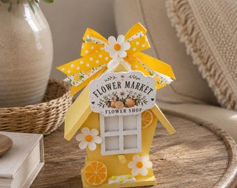 Lemon Daisy Birdhouse Decor | Handmade Flower Market Shelf Sitter | Summer Tiered Tray Decor | Cottage core Lemon Farmhouse Accent