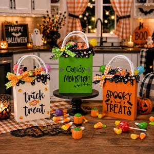 Halloween Wooden Treat Bag Decor | Tiered Tray Decor | Faux Candy Bag | Farmhouse Halloween Shelf Sitter
