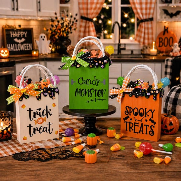 Halloween Wooden Treat Bag Decor | Tiered Tray Decor | Faux Candy Bag | Farmhouse Halloween Shelf Sitter