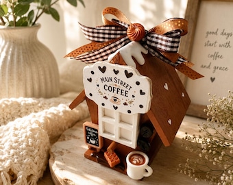 Mini Coffee Shop Birdhouse | Handmade Coffee Tiered Tray Decor | Cozy Farmhouse Kitchen Accent Decor Coffee Bar