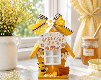 Honeybee Shack Birdhouse Decor | Bee Tiered Tray Decor | Rustic Bee Cottage | Spring Summer Farmhouse Decor | Bumble Bee Shelf Sitter