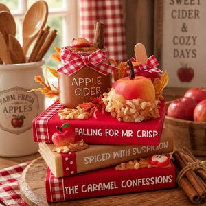 May include: A stack of three decorative books with red and tan covers titled Falling for Mr Crisp, Spiced with Suspicion, and The Caramel Confessions. The stack is topped with a jar labeled Apple Cider, a caramel apple, and cinnamon sticks.