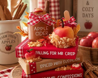 Apple Cider Faux Book Stack with Caramel Apple Decor | Fall Farmhouse Tiered Tray | Autumn Kitchen Decor | Handmade Rustic Apple Cider