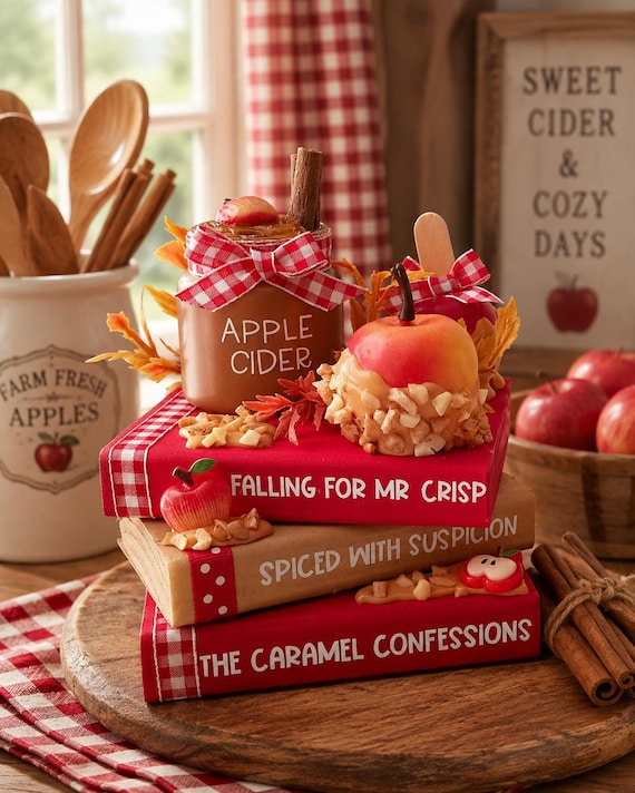Apple Cider Faux Book Stack with Caramel Apple Decor | Fall Farmhouse Tiered Tray | Autumn Kitchen Decor | Handmade Rustic Apple Cider