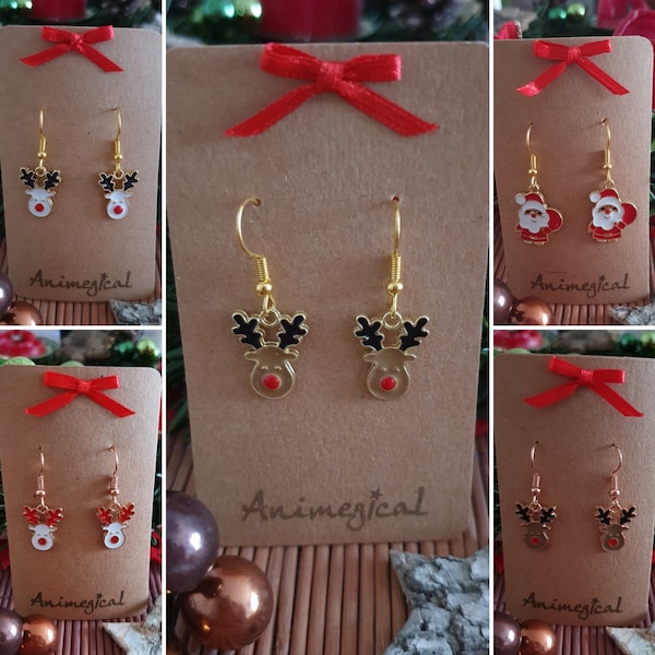 Rentier Ohrringe rosé weiß-rot oder gold braun / Nikolaus emaille Anhänger Weihnachten
