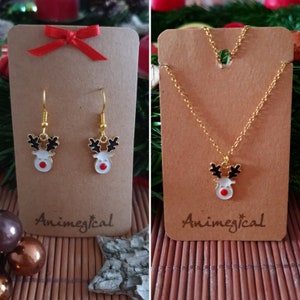 Reindeer white / brown set enamel earrings and necklace Christmas gold