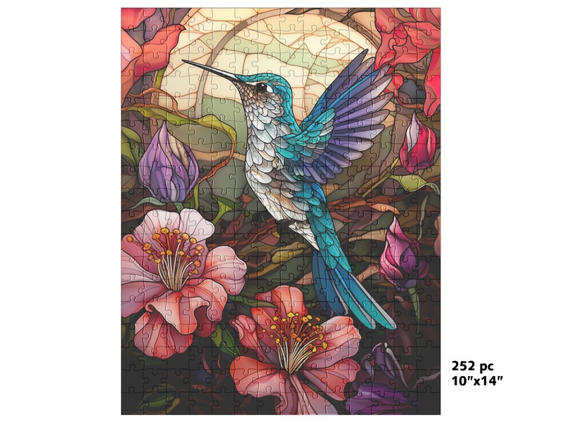 May include: A 252-piece jigsaw puzzle featuring a vibrant hummingbird with turquoise and purple feathers, surrounded by pink and red flowers. The puzzle measures 10" x 14".