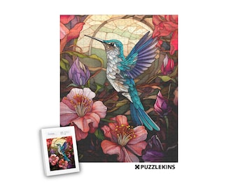 Jigsaw Puzzle Hummingbird Stained Glass Fun Puzzle for Adults, Nature Bird and Floral lover gift idea, 100 200 500 1000 piece hard puzzle