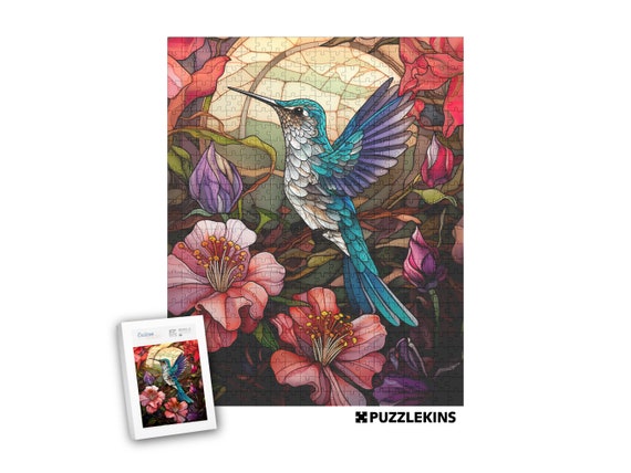 Jigsaw Puzzle Hummingbird Stained Glass Fun Puzzle for Adults, Nature Bird and Floral lover gift idea, 100 200 500 1000 piece hard puzzle