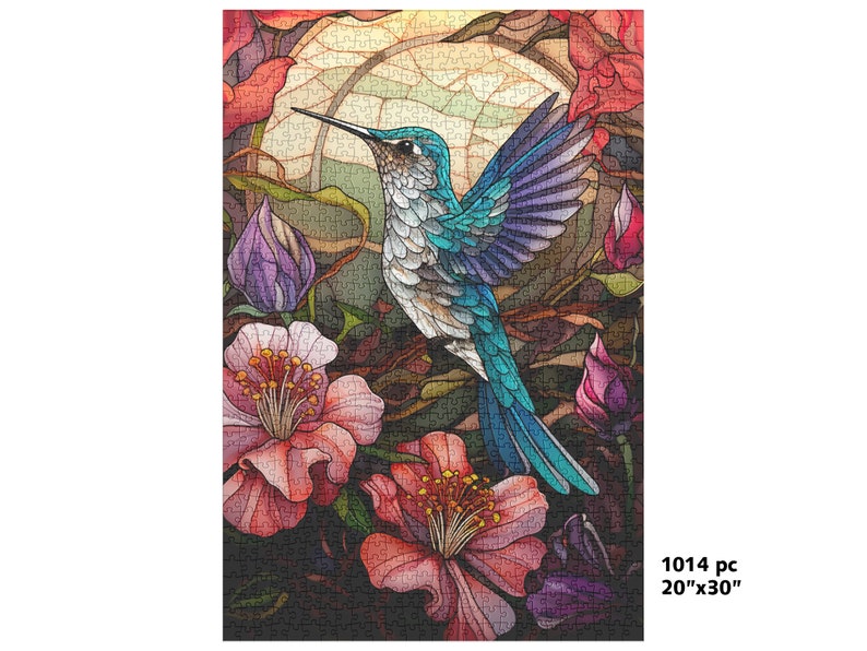 May include: A colorful jigsaw puzzle featuring a hummingbird with blue, teal, and white feathers, surrounded by pink and red flowers and purple buds. The puzzle is 20" x 30" and contains 1014 pieces.