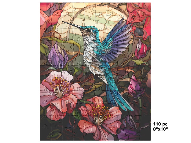 May include: A 110-piece jigsaw puzzle featuring a colorful hummingbird with blue, white, and purple feathers, set against a backdrop of pink and red flowers. The puzzle measures 8" x 10".