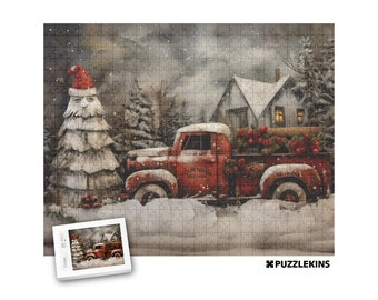 Jigsaw Puzzle for Adults, Personalized Christmas Tree Farm Red Truck Winter Scene, 100 252 500 or 1000 piece Personlized Puzzle Xmas Gift